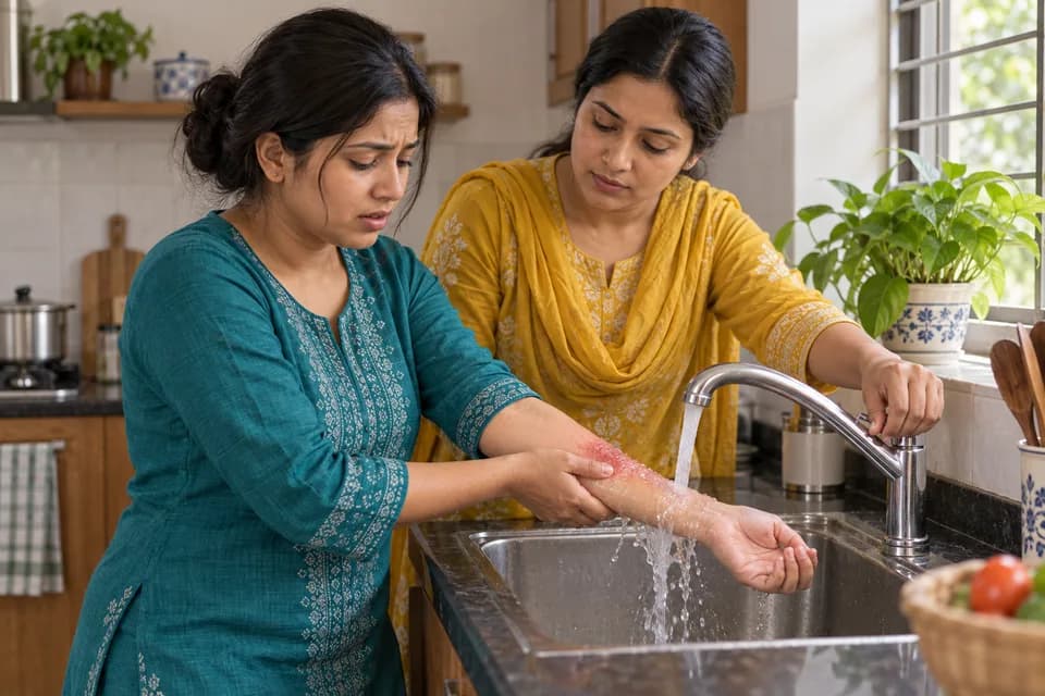 ধাপ ১: পোড়া স্থানে ২০ মিনিট ঠান্ডা চলমান পানি দিন — একই রোগী ও পরিচর্যাকারীর পোড়া প্রাথমিক পরিচর্যার চিত্র