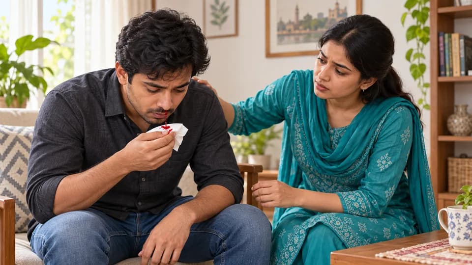 ধাপ ১: সোজা বসে সামনের দিকে ঝুঁকুন — নাক দিয়ে রক্ত পড়ার নিরাপদ করণীয়