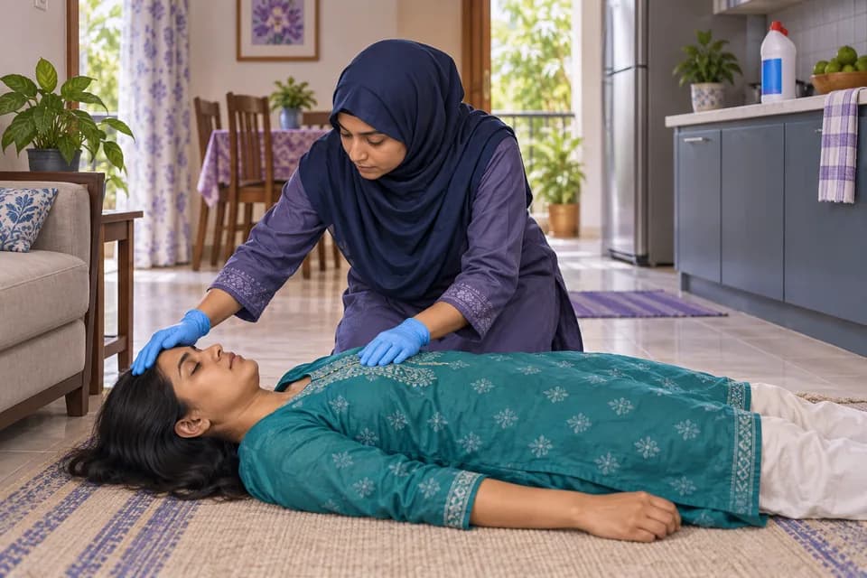 চেতনা, শ্বাস-প্রশ্বাস ও জরুরি মূল্যায়ন বিষয়ে নিরাপদ first-aid দৃশ্য