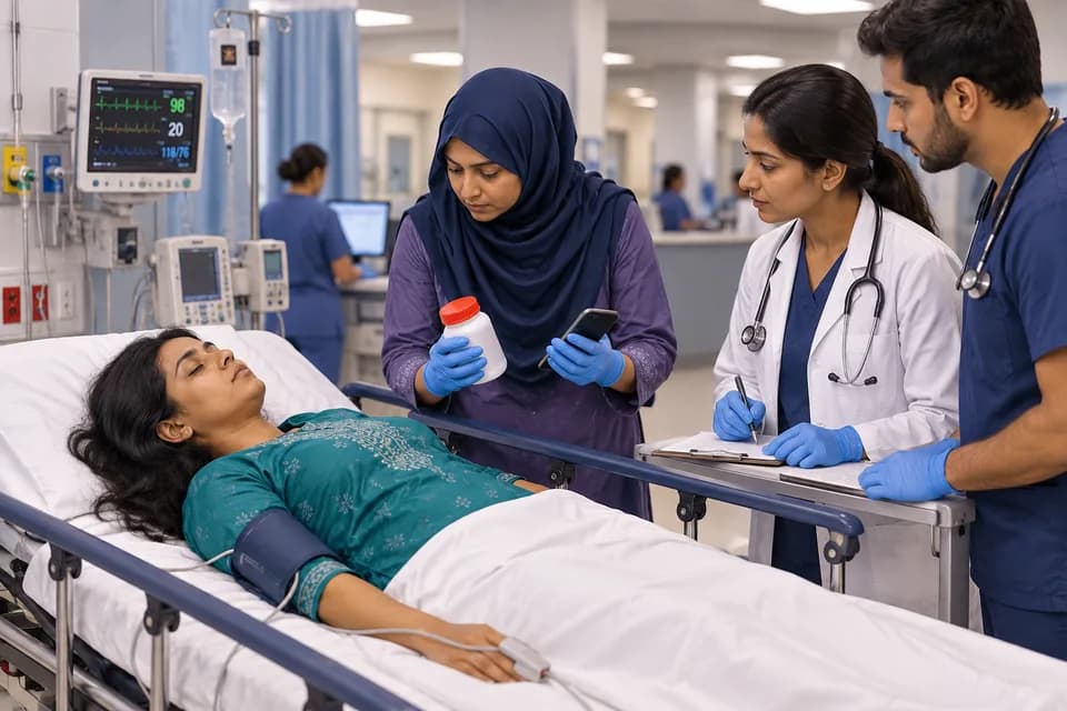 জরুরি হাসপাতালে স্থানান্তর ও টক্সিকোলজি চিকিৎসা বিষয়ে নিরাপদ first-aid দৃশ্য