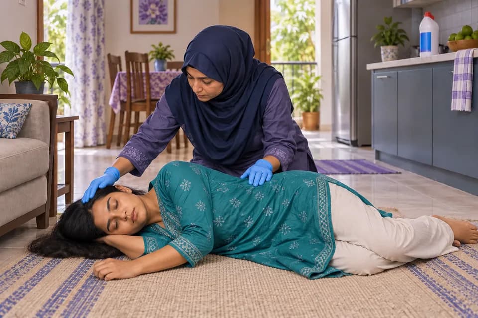 অচেতন কিন্তু স্বাভাবিক শ্বাস থাকলে Recovery Position বিষয়ে নিরাপদ first-aid দৃশ্য