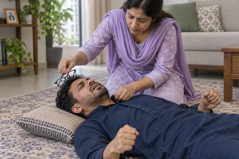 ধাপ ২: চশমা সরান ও গলার টাইট পোশাক ঢিলা করুন — একই রোগী ও পরিচর্যাকারীর খিঁচুনি প্রাথমিক পরিচর্যার চিত্র