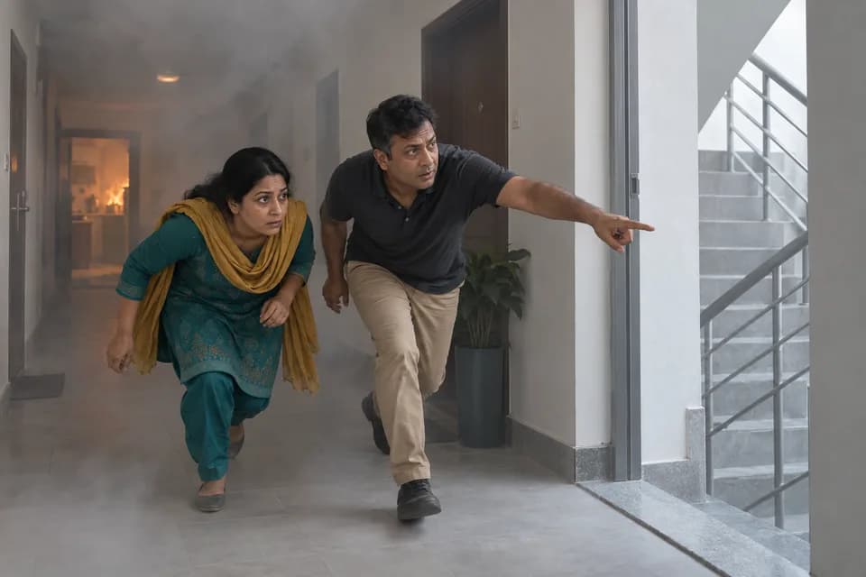 ধাপ ১: আগুনের ধোঁয়া থাকলে নিচু হয়ে দ্রুত বেরিয়ে আসুন — নিরাপদ করণীয়ের চিত্র