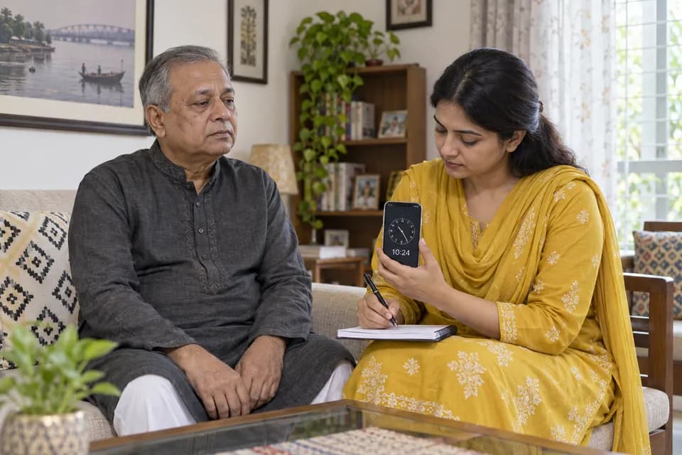 ধাপ ২: লক্ষণ শুরুর সময় বা Last Known Well নোট করুন — একই রোগী ও পরিচর্যাকারীর স্ট্রোক জরুরি সহায়তার চিত্র