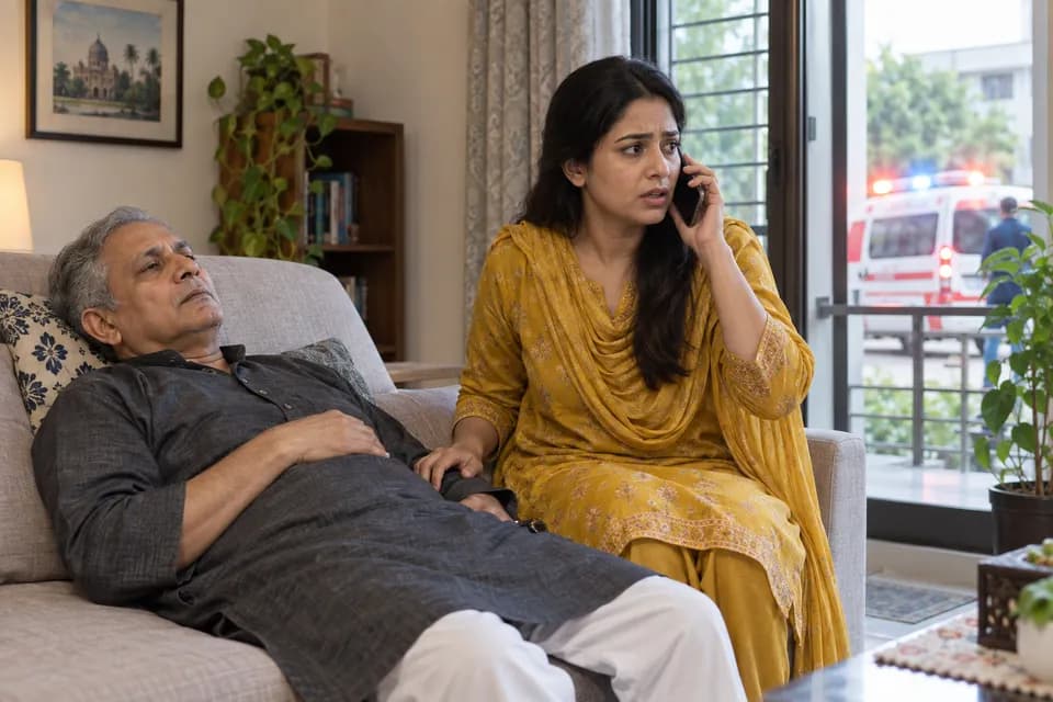 ধাপ ৩: সঙ্গে সঙ্গে ৯৯৯-এ কল করুন—নিজে গাড়ি চালিয়ে যাবেন না — একই রোগী ও পরিচর্যাকারীর স্ট্রোক জরুরি সহায়তার চিত্র