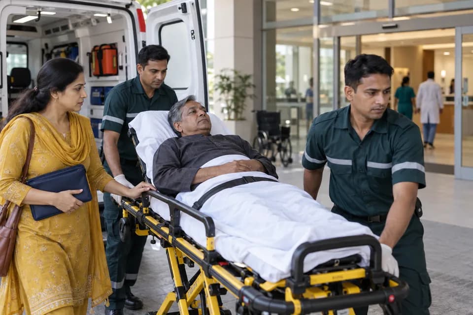 ধাপ ৫: দ্রুত stroke-capable হাসপাতালে পৌঁছান এবং পথে নজর রাখুন — একই রোগী ও পরিচর্যাকারীর স্ট্রোক জরুরি সহায়তার চিত্র