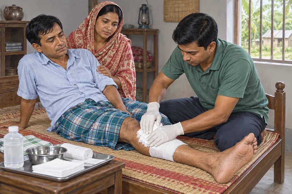 গভীর ক্ষতে গজ প্যাকিংয়ের পর দৃঢ় চাপ দেওয়া হচ্ছে