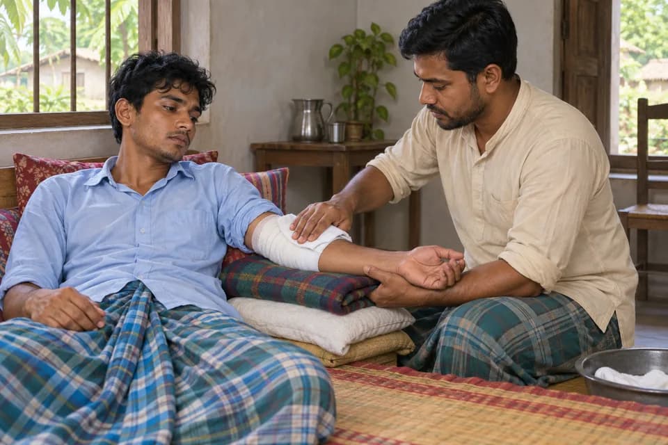 রক্তপাত নিয়ন্ত্রণের সময় আহত অঙ্গকে আরামদায়ক ও স্থিরভাবে সমর্থন দেওয়া হচ্ছে